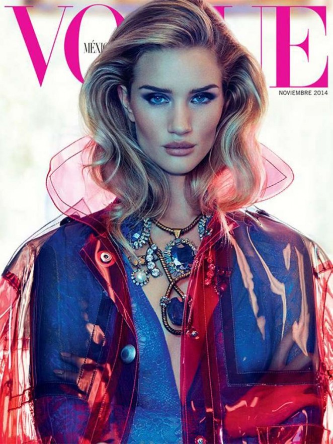 Rosie Huntington Whiteley poses in a Versace pant suit for Vogue Mexico November 2014