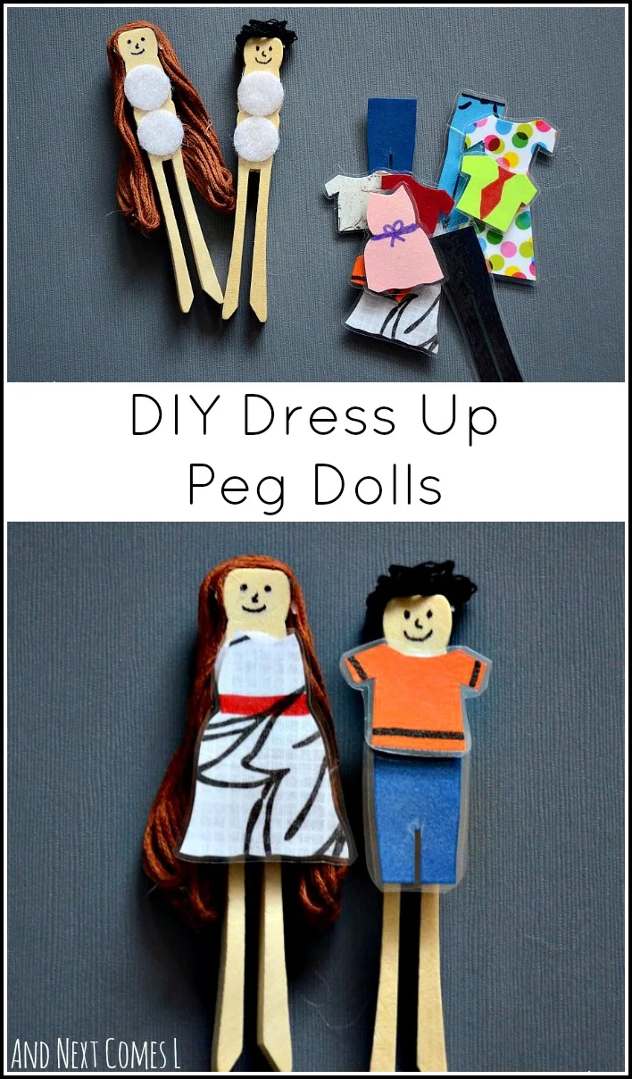 Homemade toys for kids: super cute DIY dress up peg dolls that encourage fine motor practice from And Next Comes L