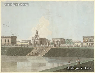 View of the east side of Tank Square with a large tank in the centre constructed in 1712 to provide water storage for the city and Swedish Mission Church, Calcutta, 1786