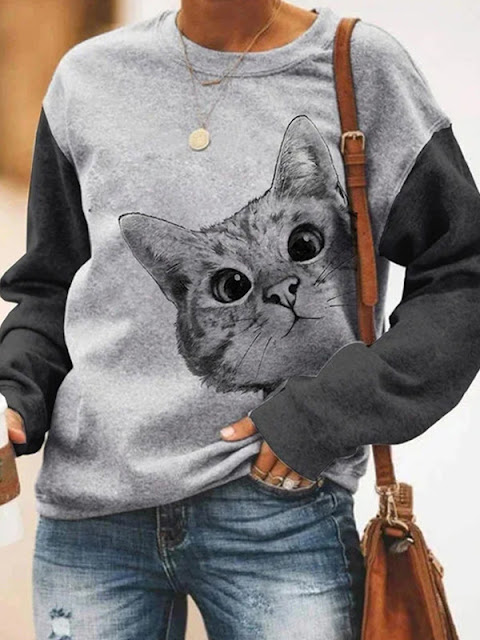 All-match round neck cat print sweatshirt