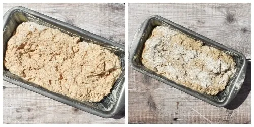 Wholemeal Beer Bread - STEP SEVEN - one shot of dough in prepared loaf tin and in the next the loaf has a sprinkle of flour over the top