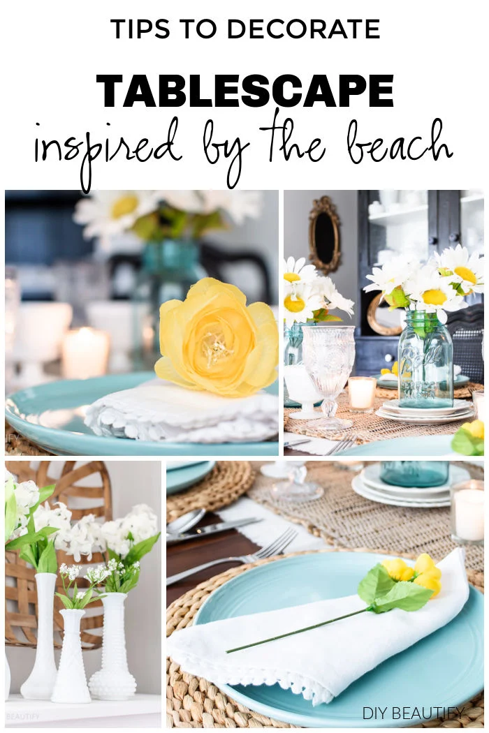 beachy tablescape with blues, yellow and white
