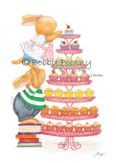 Bobby & Bella Bunny Character Illustration with Cupcakes - Copyright Bobby Bunny & Friends - By Jennifer Keelan Illustration 2010