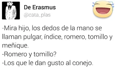 Mira hijo, los dedos de la mano se llaman pulgar, índice, romero, tomillo y meñique.  Romero y tomillo ?  Los que le dan gusto al conejo.