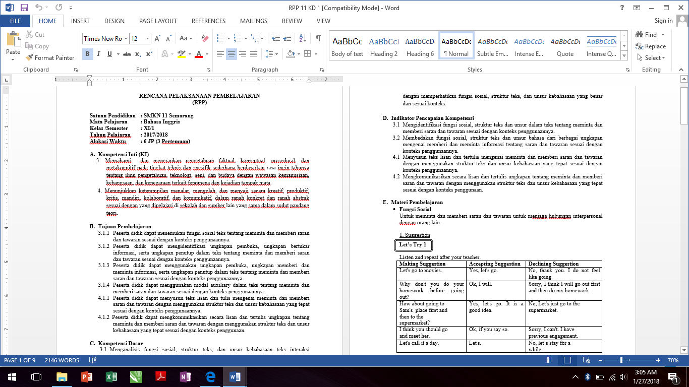 RPP Bahasa Inggris SMA Kelas 11 KD 1 Saran dan Tawaran A