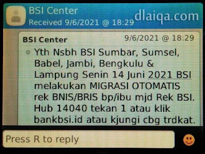 SMS pemberitahuan dari BSI Center (1)