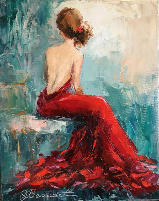 oil painting of woman in red dress facing away by j Beaudet