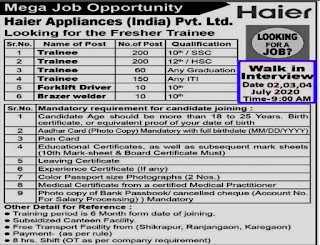 Haier Appliances (India) Pvt. Ltd.  Ranjangaon, Maharashtra Looking for the Fresher Trainee 10TH/12TH/Any Graduation/Any ITI