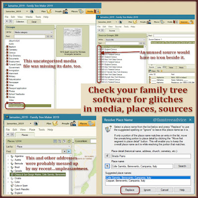 Each tab in Family Tree Maker gives you a different way to find errors.