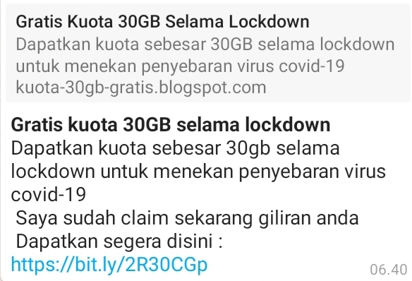Hati-hati spam whatsapp gratis kuota 30 GB selama masa lockdown