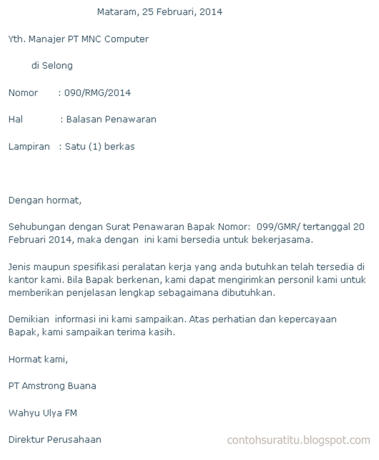 Contoh Surat Resmi Balasan Penawaran Lamaran J