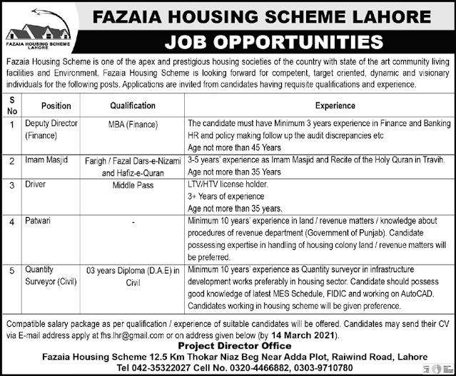 Fazaia Housing Scheme  Jobs- Jobs in Lahore- jobspk14.com