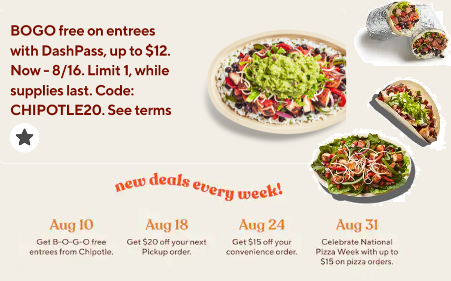 Buy 1 Get 1 Free Chipotle Entree + Free Delivery THE BEST DEALS