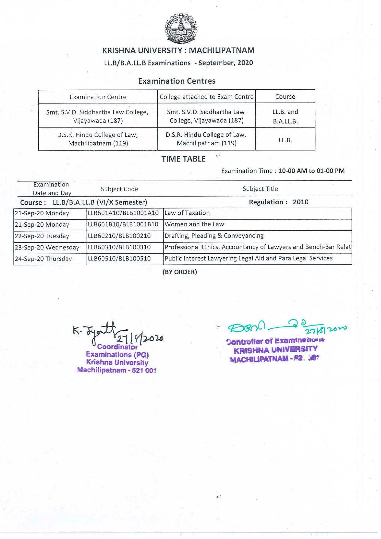 Krishna University LLB 6th Sem & BALLB 10th Sem Sep 2020 Exam Time Table