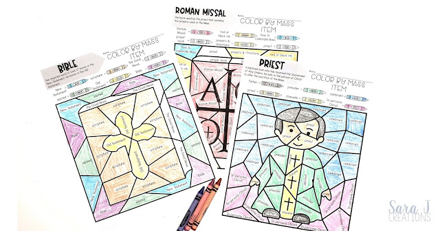 Catholic Color by Mass Item Coloring Pages - the fun and engaging way to teach your students about the items we use during Mass. Because there are five versions included, this is perfect for little ones, young children and older children as well. Perfect for your Catholic school, religious education, or Sunday school classroom. Help your students identify the items they see in church with these awesome coloring pages. Click to try out a FREE SAMPLE!
