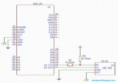 Connect Arduino TX (5V) to Bluetooth RX(3.3V) using resistor voltage dividers