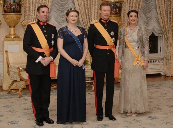 Princess Stephanie wore Seraphine navy blue silk and lace maternity evening dress. Hereditary Grand Duchess Stephanie and Princess Alexandra