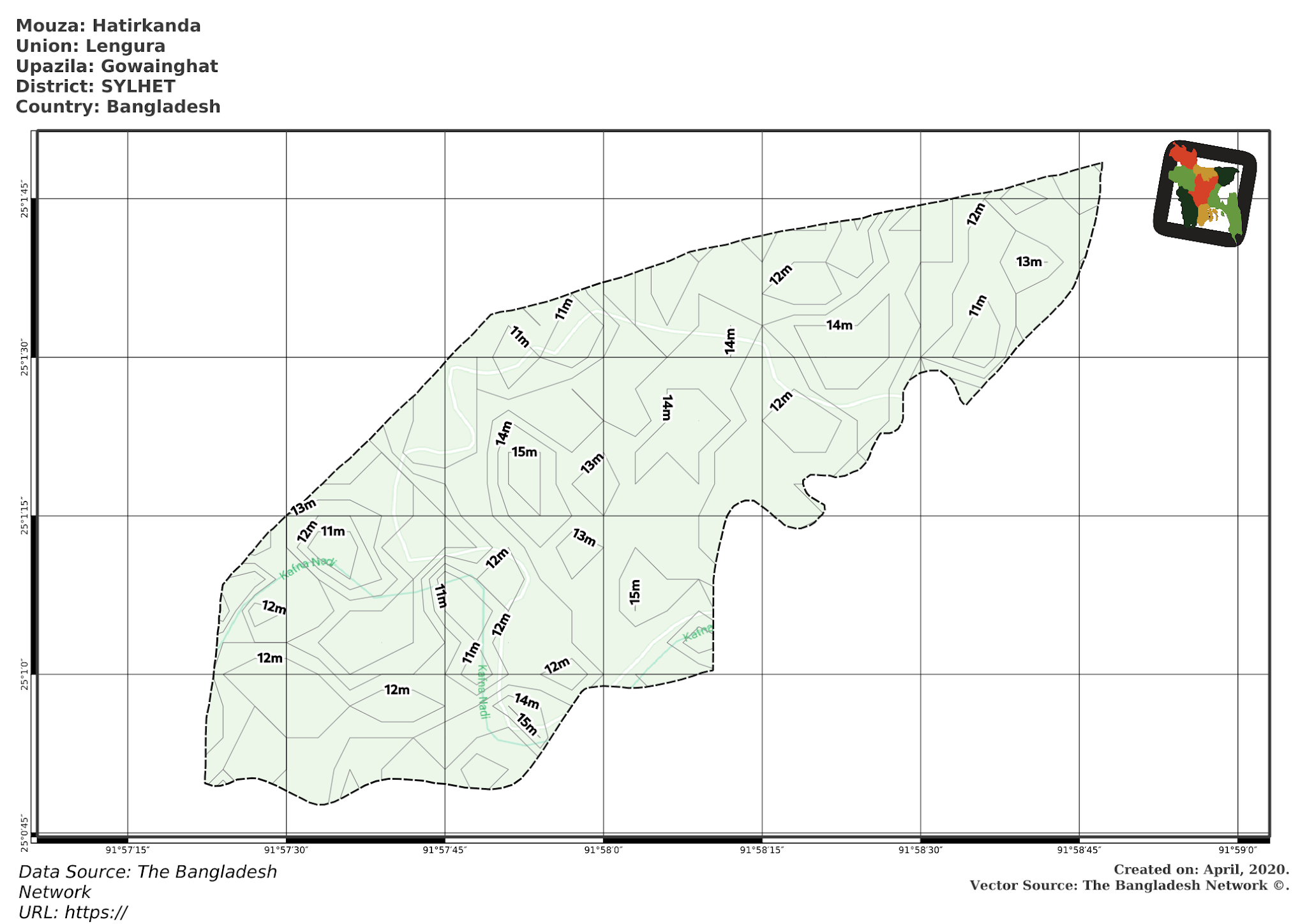 Map of Hatirkanda Mouza of Gowainghat Upazila, SYLHET, Bangladesh.