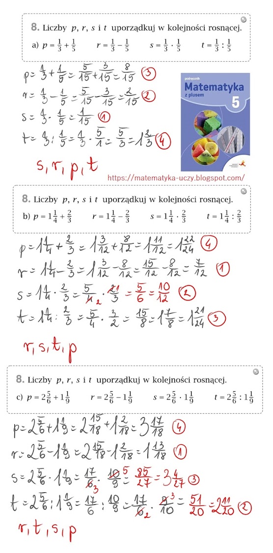 Zad. 8 i 9 str. 100 "Matematyka z plusem 5" Dzielenie ułamków zwykłych