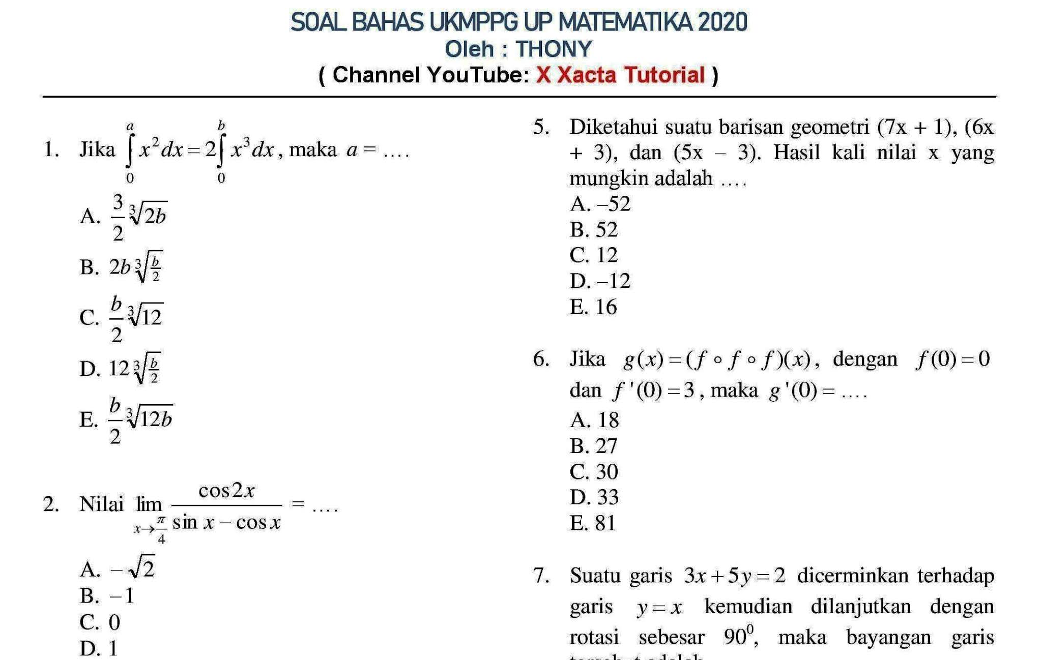 Soal Bahas Up Ppg Matematika 2020 Persiapan Belajar Up 2021 X Xacta Club