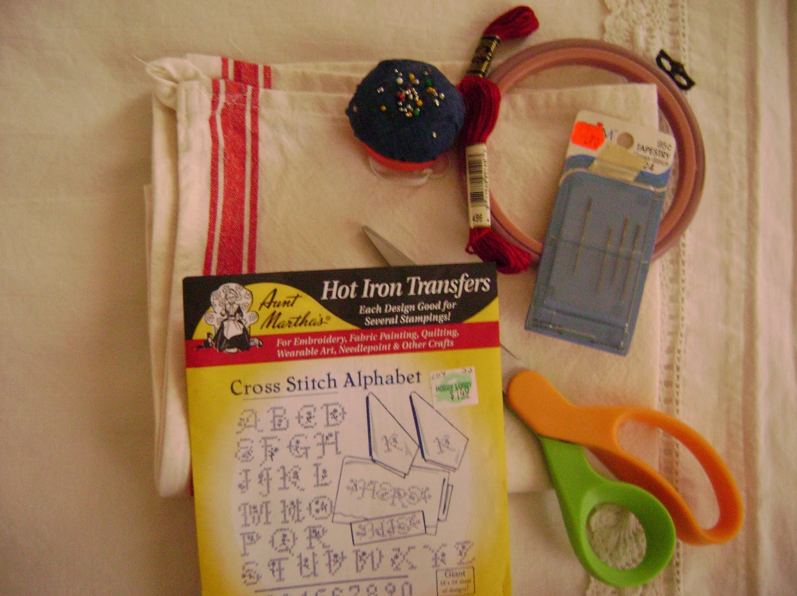 How To Use Hot Iron Transfers To Make A Redwork Embroidered Dish Towel