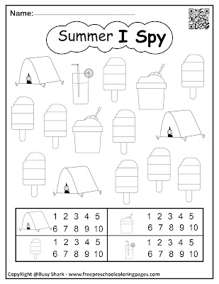 Summer I spy game free printable preschool coloring pages , pdf file or jpg , learn to count from 1 to 10 for kids
