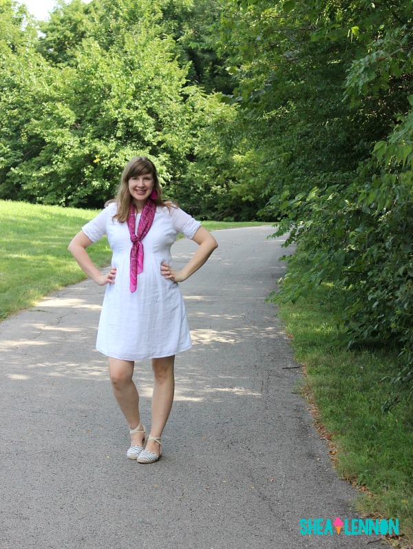 Summer outfit idea - white dress with bright scarf and jewelry and espadrilles | www.shealennon.com