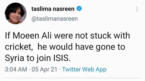 News, National, India, Mumbai, Cricket, Sports, Writer, Player, Social Media, Twitter, England Cricketers Slam Taslima Nasreen For 'Disgusting' Tweet On Moeen Ali