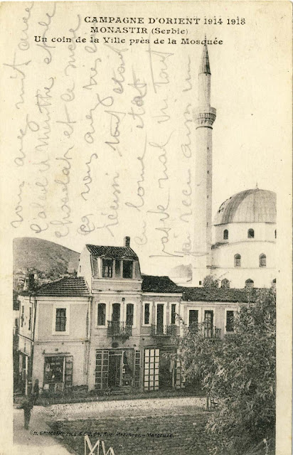 Isac mosque with the shops along the river Dragor in 1918. Published by H.Grimaud et Cie, Marseille