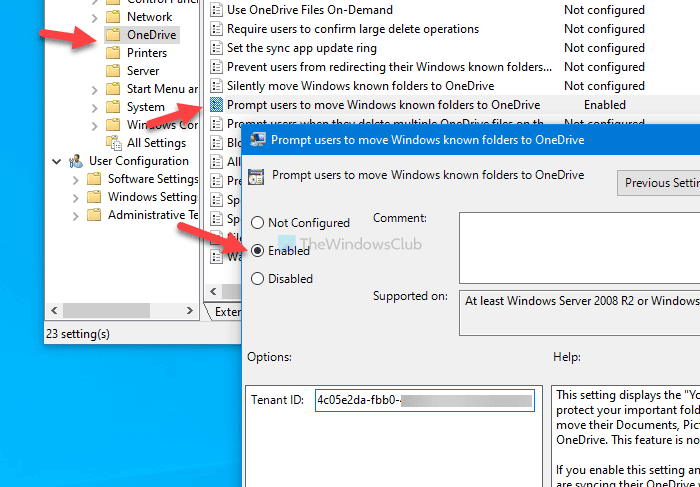 Показывать пользователям уведомление о перемещении известных папок Windows в OneDrive