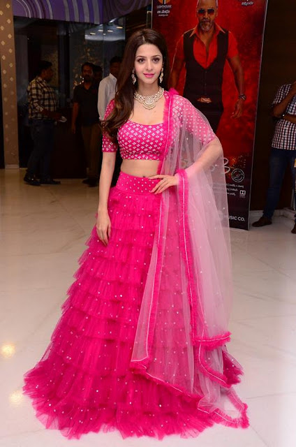 Beautiful actress VEDIKA stills in pink color lehenga choli during at Kanchana 3 movie promotion