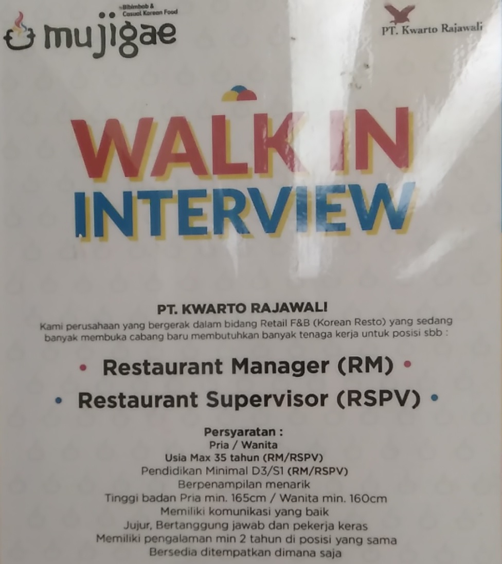 Walk In Interview Lowongan Kerja Di Mujigae Resto 