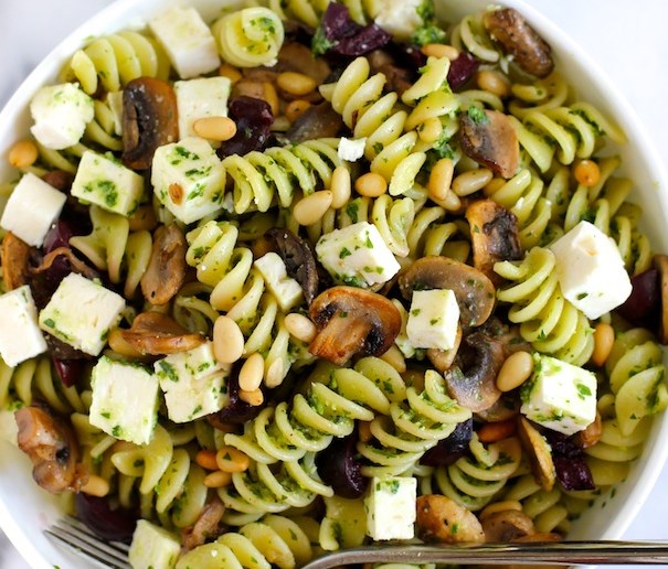 PASTA WITH MUSHROOMS OLIVES FETA AND PESTO vegetarian salad