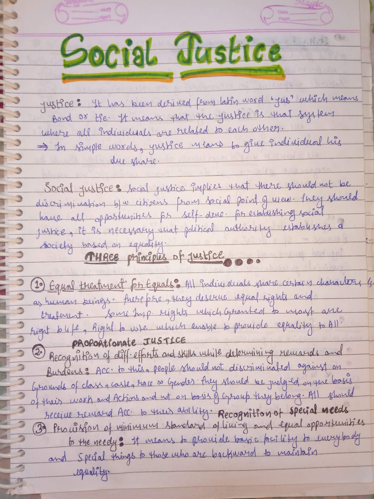 Handwritten Notes of SOCIAL JUSTICE Political Science Class 11th