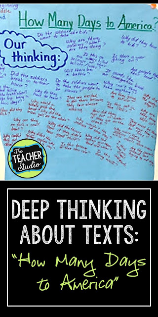 Teaching students how to think critically and read with deep comprehnsion is tricky. This blog post shares strategies for students to track their thinking, improve reading comprehension, and use text evidence to prove their ideas. Uses the book "How Many Days to America" by Eve Bunting