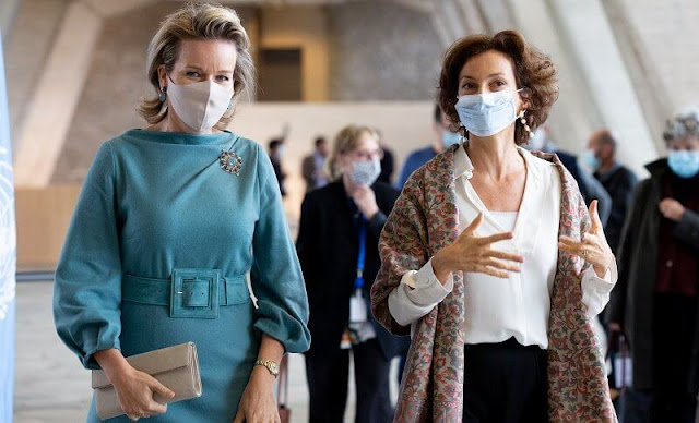 Queen Mathilde wore a turquoise, belted wool cashmere dress from Natan 2021 collection