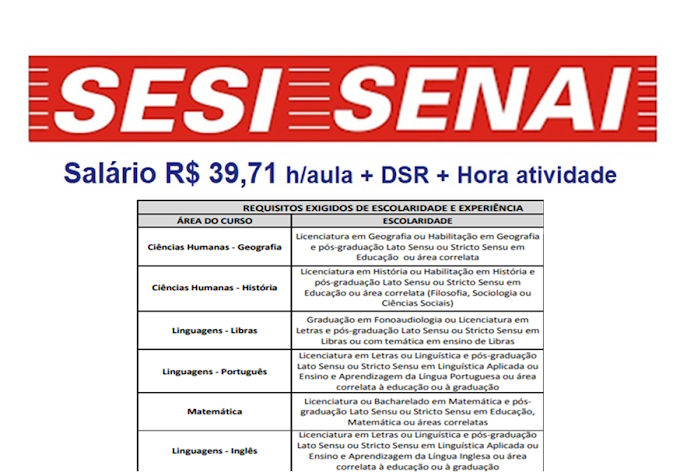 SESI abre inscrições de Seleção para Professores. Salário de R$ 39,71