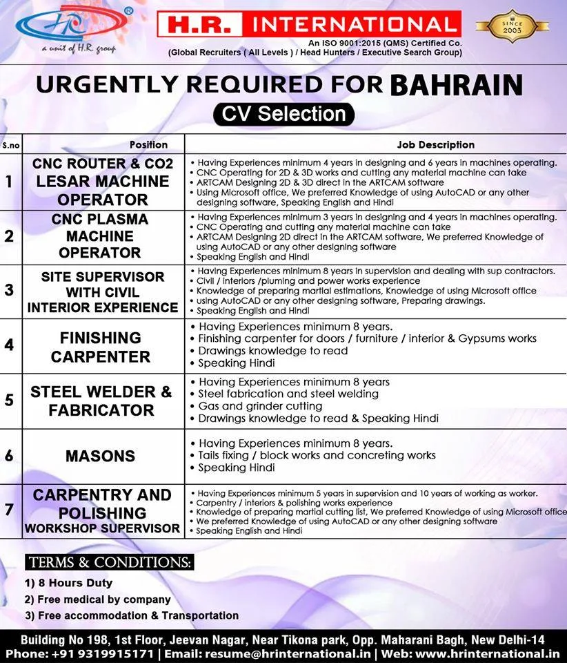 Urgently required for Bahrain