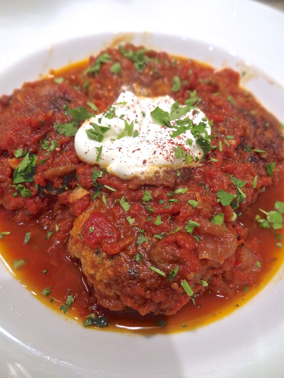 Scrumpdillyicious Cod Cakes in Tomato Sauce with Yogurt & Sumac