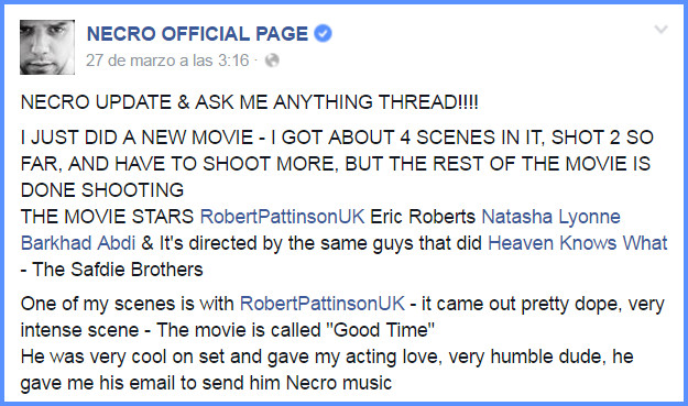 15 Abril - NECRO habla de Rob y GOOD TIME en su página de facebook!!! NECRO