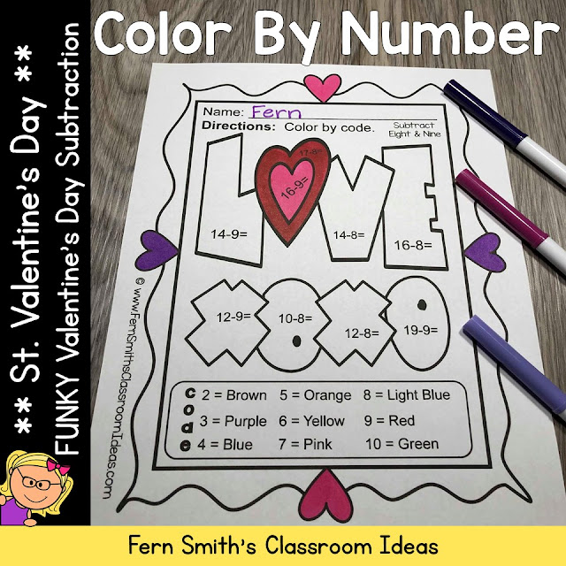 St. Valentine's Day Color By Number Subtraction