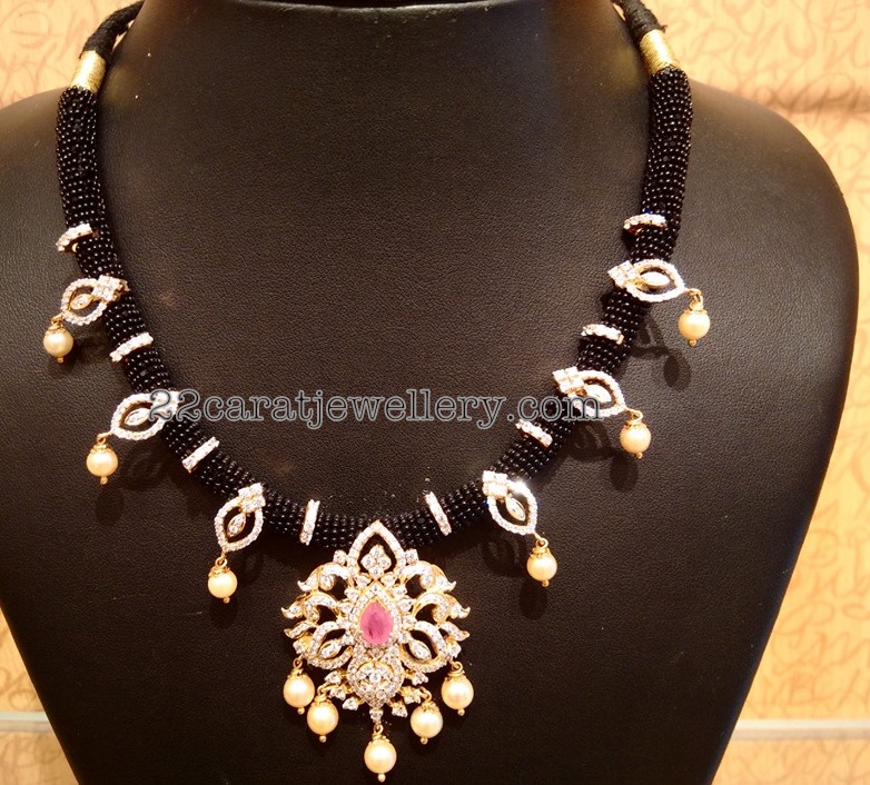 Black Thread Necklace with CZ Locket Jewellery Designs