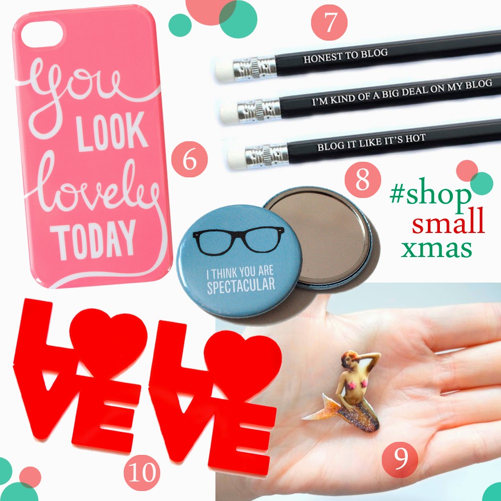 Gift Ideas for under £10 Christmas Gift Guide, Christmas gift ideas, gifts for under a tenner, present ideas for under £10, stocking fillers, shop small secret santa, secret santa gift ideas, Alphabet Bags, You look Lovely phone case, Lalaland, pop cult pencils, blogger pencils, Vivid Please, pocket mirror, compact mirror, Bonnie Bling, love coaster, Baked Memes, Mermaid Brooch