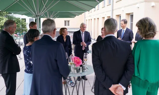 Queen Mathilde wore fringed crepe top and crepe straight leg pants from Carolina Herrera. Hereditary Princess Sophie of Liechtenstein