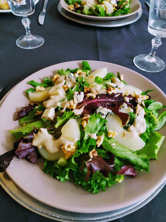 French Food Friday Warm Pear Salad with Roquefort Dressing