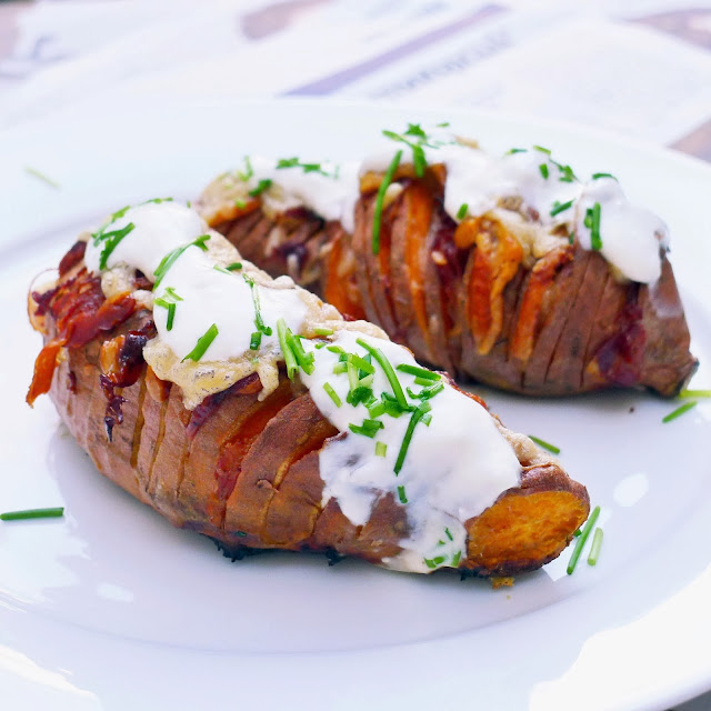 Hasselback Sweet Potato with Bacon, Sour Cream and Chives