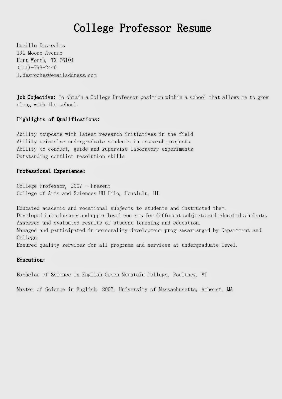 Resume Samples College Professor Resume Sample