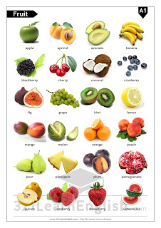 Download a worksheet / handout with ESL vocabulary about fruit (basic) (level: A1) - picture dictionary and pictures with blanks - www.321LearnEnglish.com
