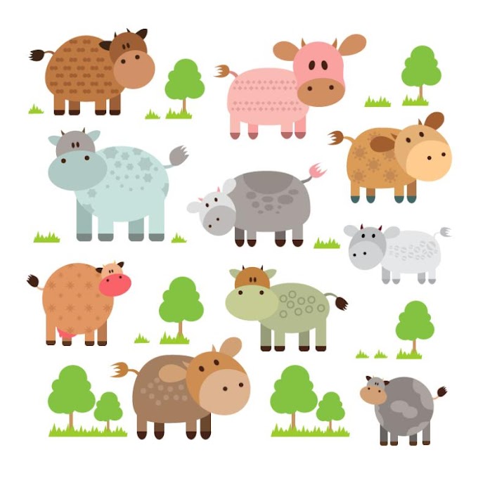 10 Cartoon Cows And Trees Free Vector