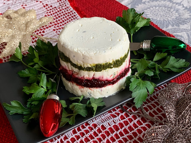 Festive spread, Layered Spread, cream cheese, goat cheese, pesto relish